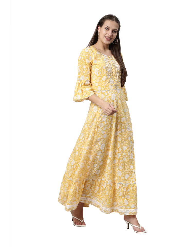 Neerus Yellow cotton printed A-line kurti - front view
