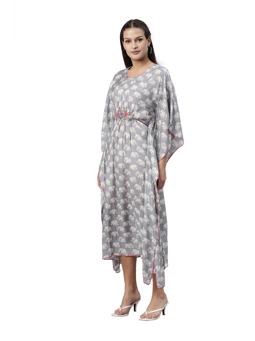 Neerus Grey muslin woven kaftan kurti - side view