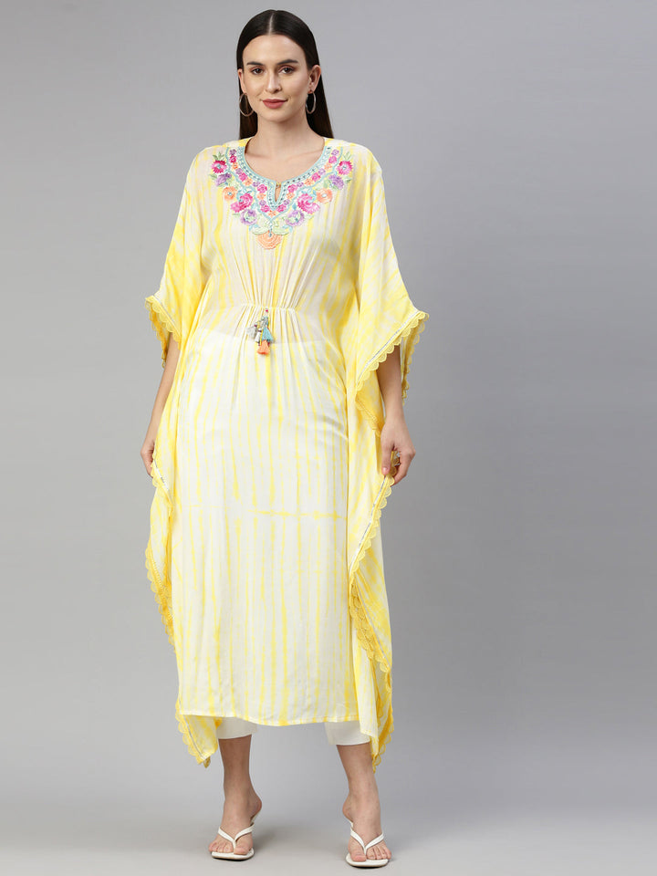 Neerus Yellow Chanderi printed kaftan kurti - detail view 5