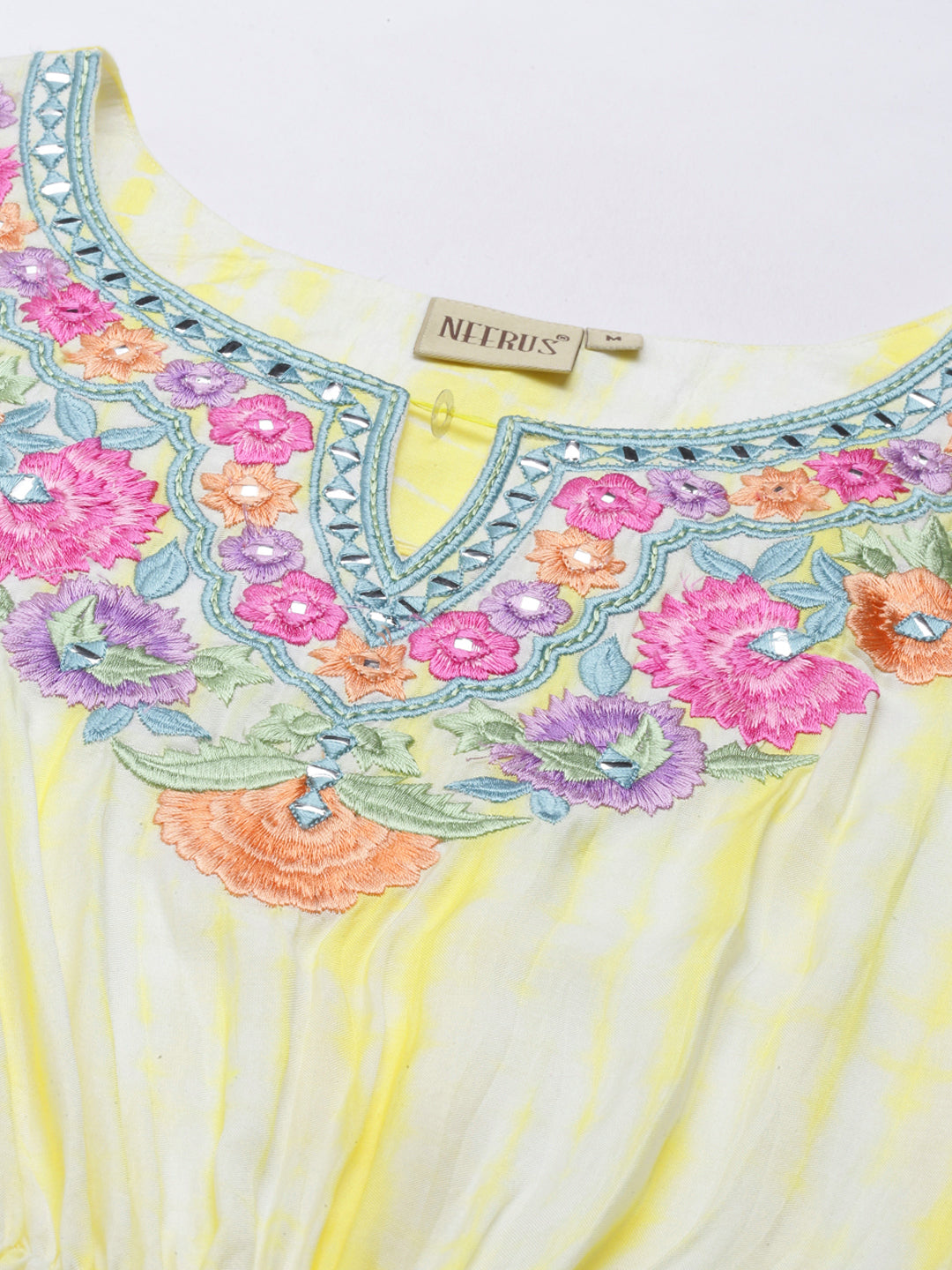 Neerus Yellow Chanderi printed kaftan kurti - back view