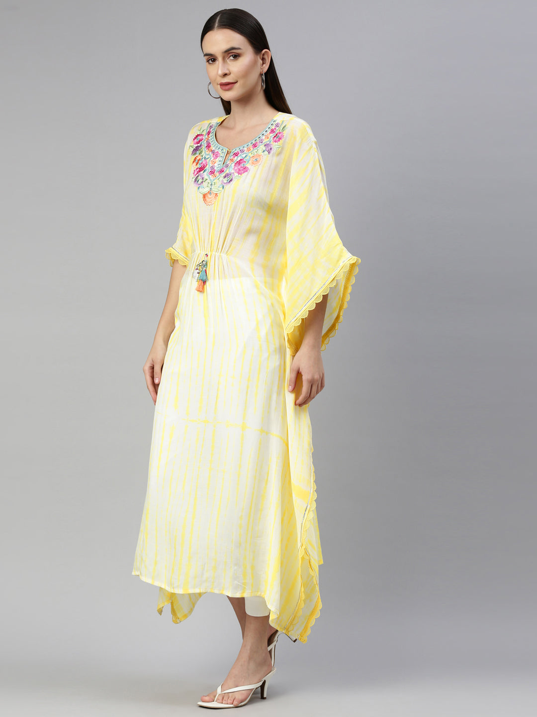 Neerus Yellow Chanderi printed kaftan kurti - side view