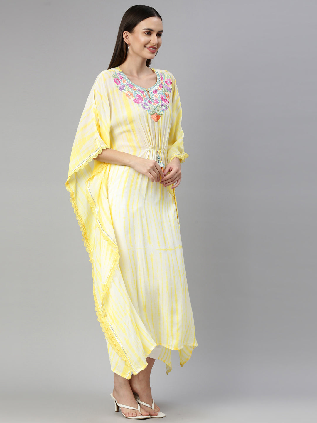 Neerus Yellow Chanderi printed kaftan kurti - detail view 1