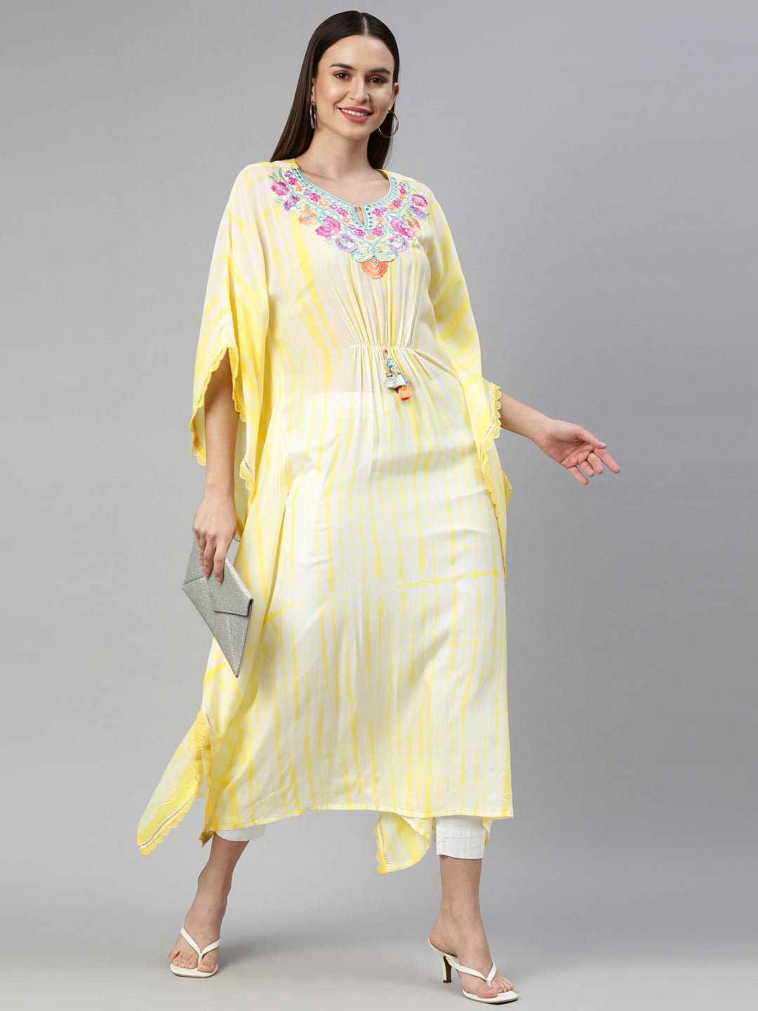Neerus Yellow Chanderi printed kaftan kurti - detail view 3