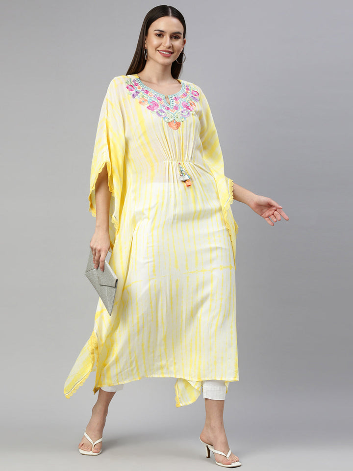 Neerus Yellow Chanderi printed kaftan kurti - detail view 3