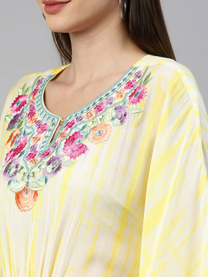 Neerus Yellow Chanderi printed kaftan kurti - detail view 4