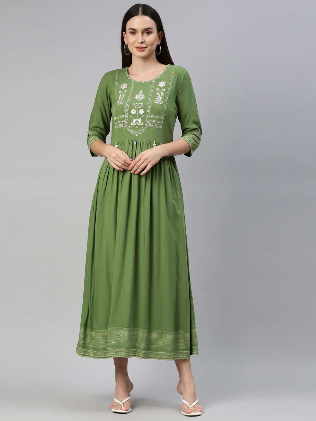Neerus Green viscose rayon thread embroidered anarkali kurti - front view