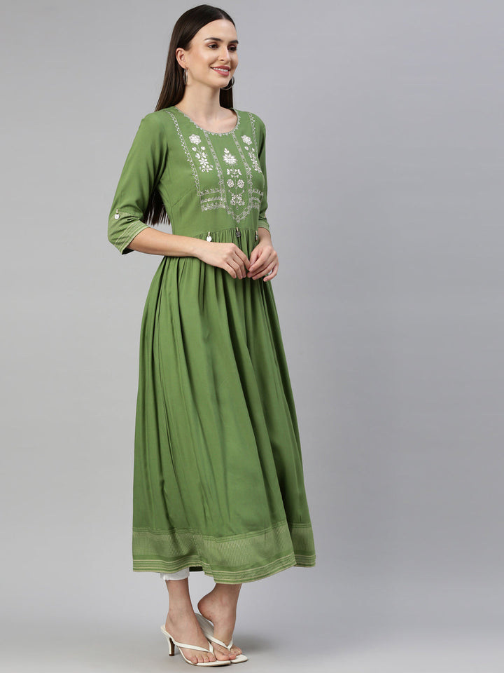 Neerus Green viscose rayon thread embroidered anarkali kurti - detail view 1