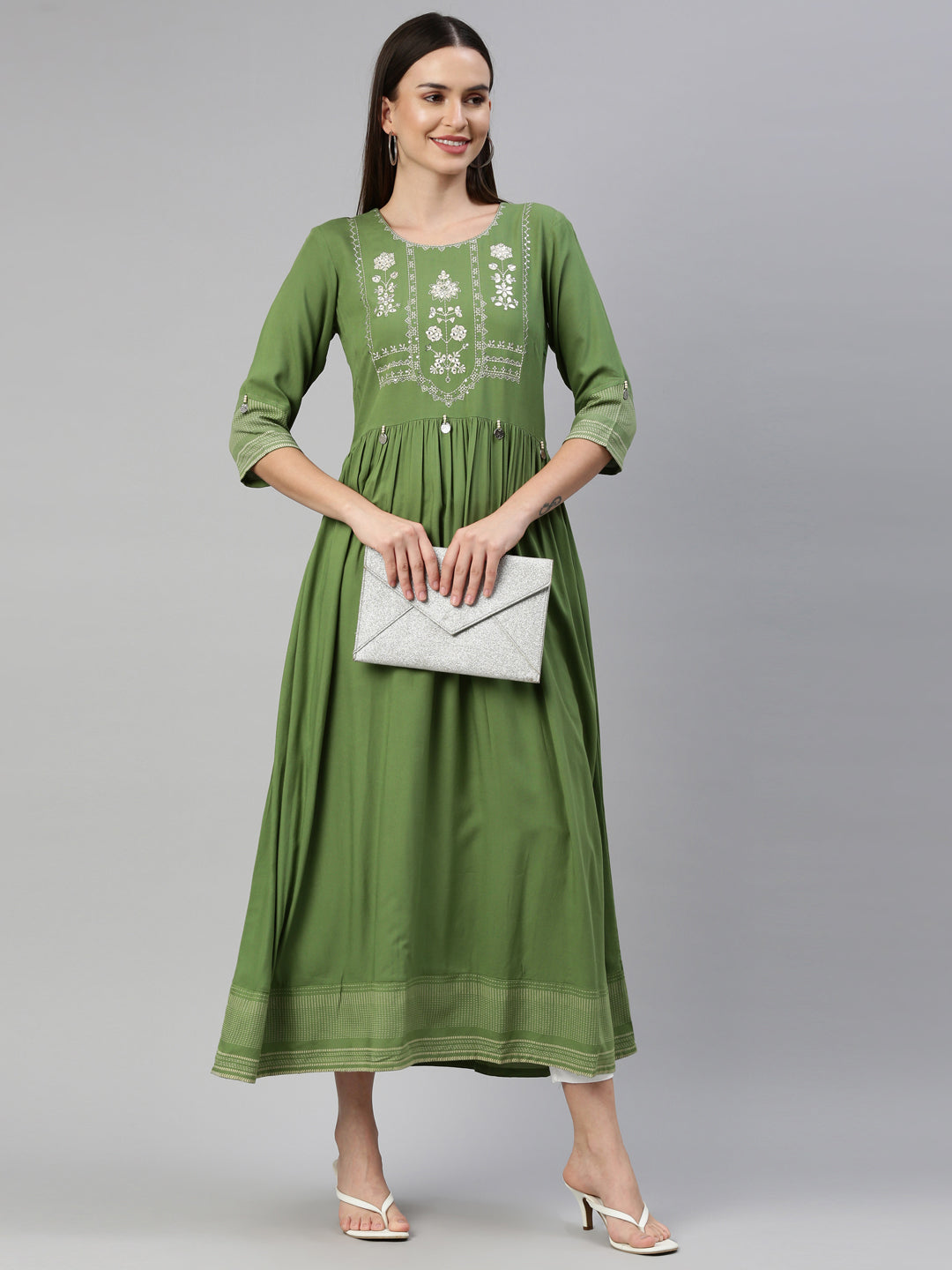 Neerus Green viscose rayon thread embroidered anarkali kurti - detail view 3