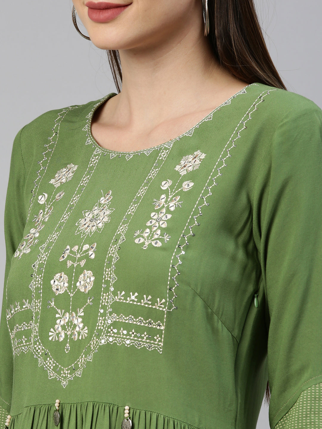 Neerus Green viscose rayon thread embroidered anarkali kurti - detail view 5