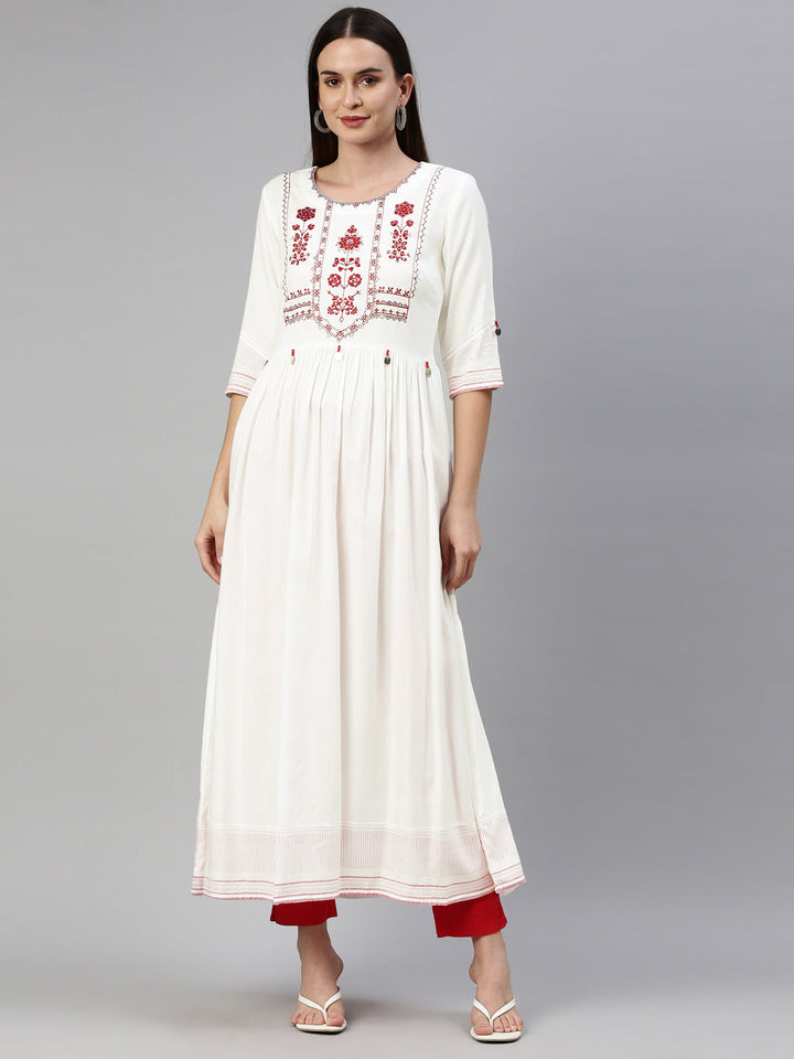 Neerus White viscose rayon embroidered anarkali kurti - front view