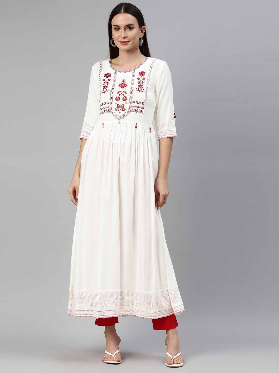 Neerus White viscose rayon embroidered anarkali kurti - detail view 6