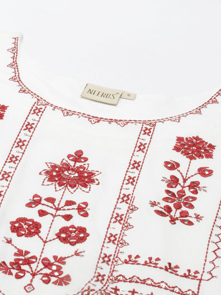 Neerus White viscose rayon embroidered anarkali kurti - back view