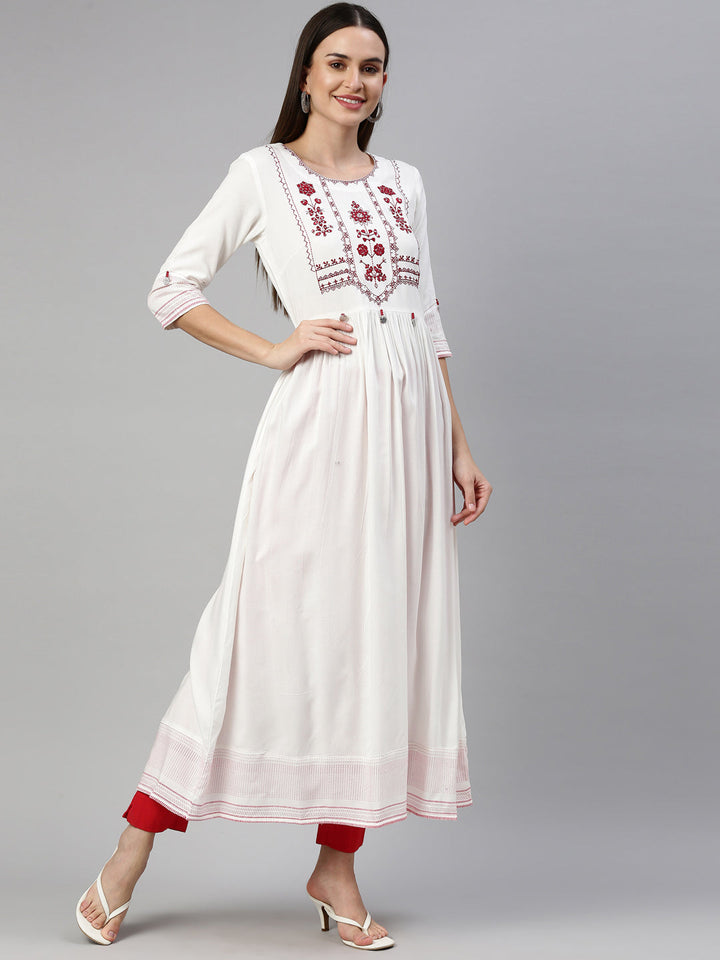 Neerus White viscose rayon embroidered anarkali kurti - detail view 1