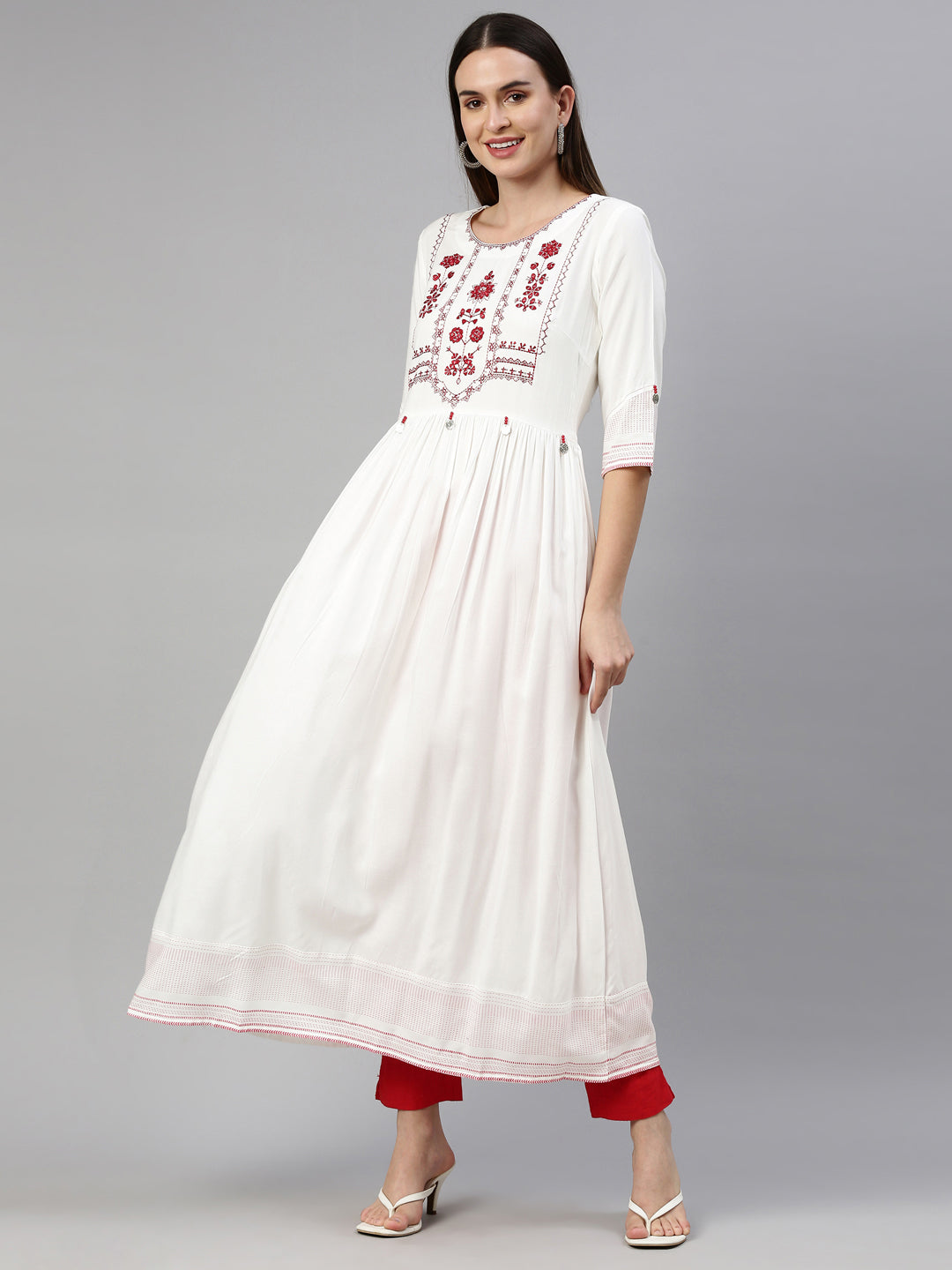 Neerus White viscose rayon embroidered anarkali kurti - detail view 3