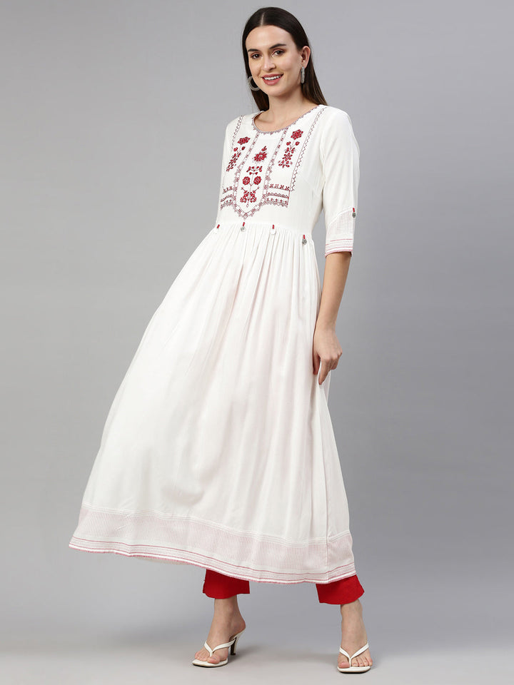 Neerus White viscose rayon embroidered anarkali kurti - detail view 3
