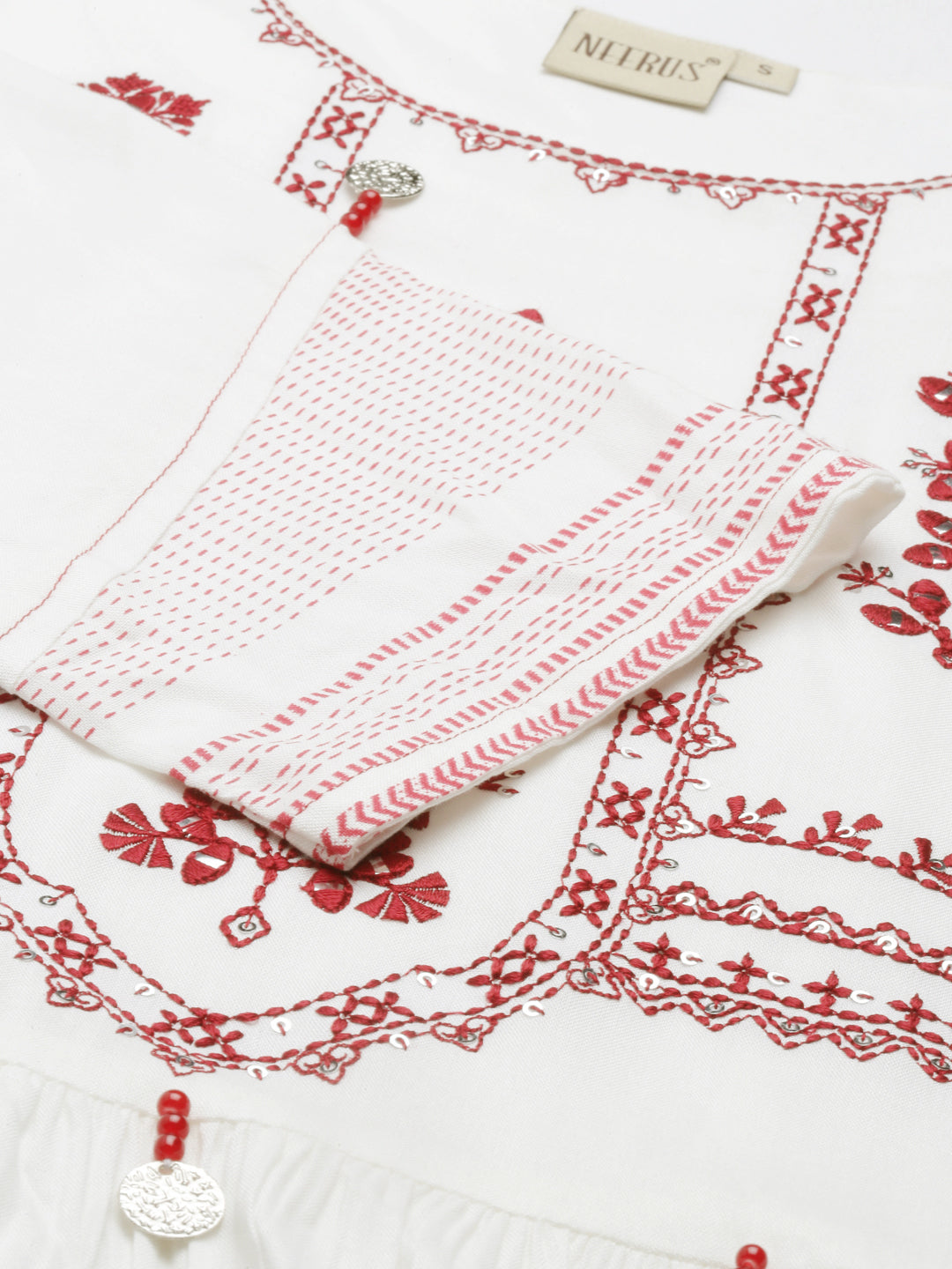 Neerus White viscose rayon embroidered anarkali kurti - detail view 4
