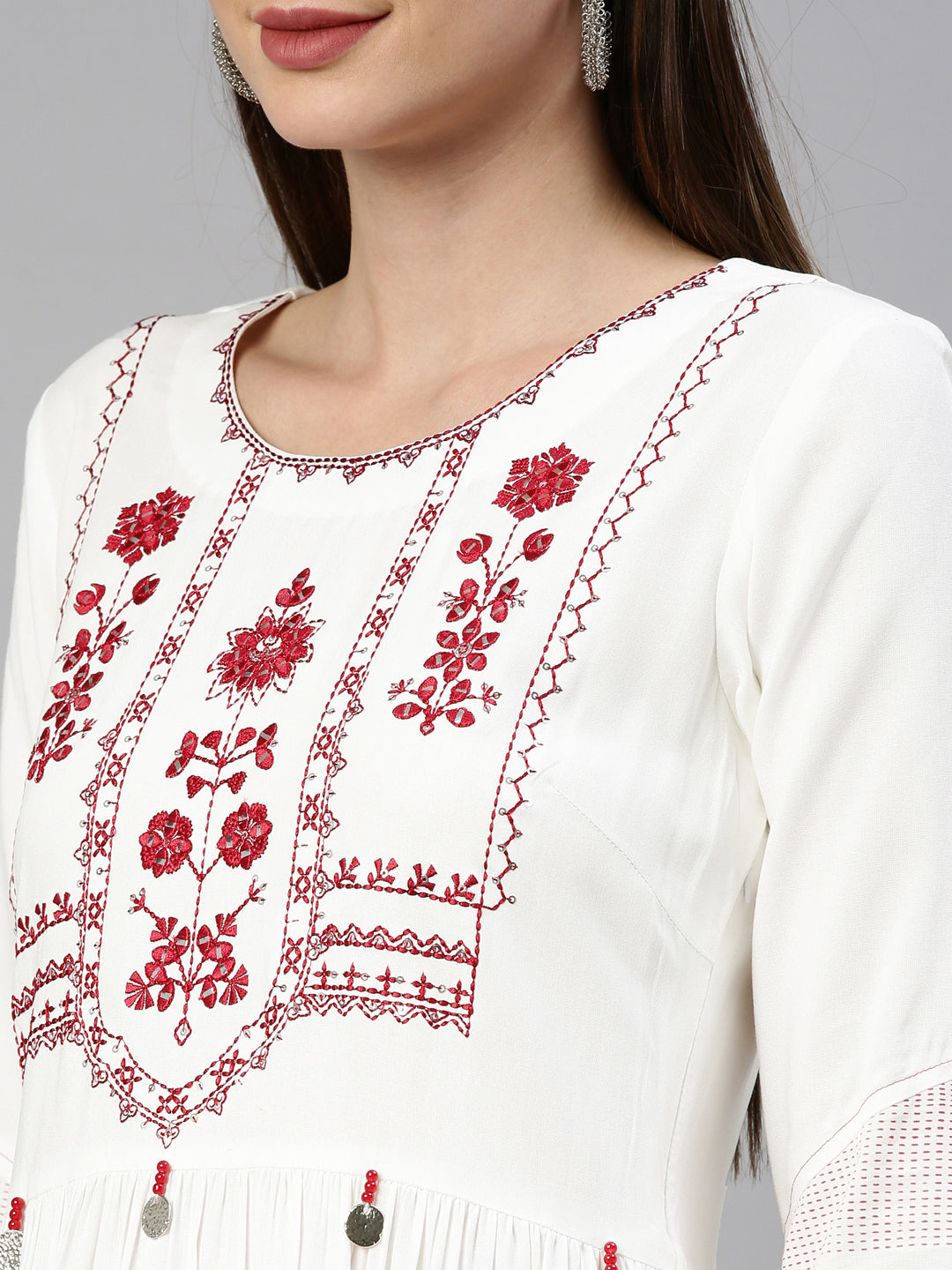 Neerus White viscose rayon embroidered anarkali kurti - detail view 5