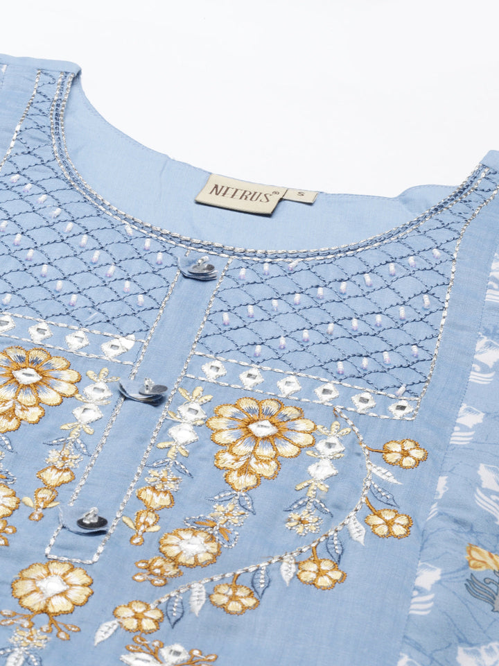 Neerus Blue muslin embroidered anarkali kurta - detail view 5