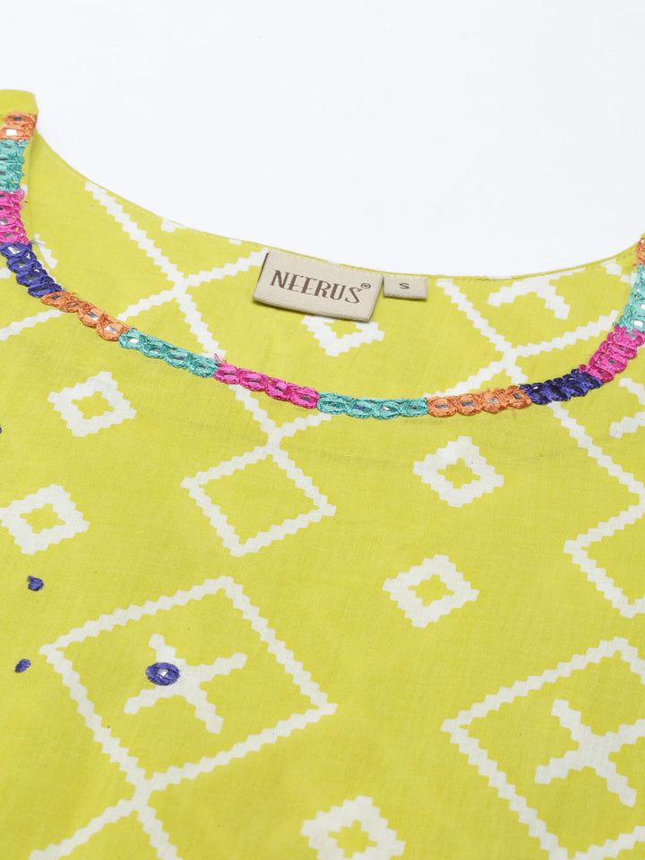 Neerus Yellow muslin printed kurti A-line - back view