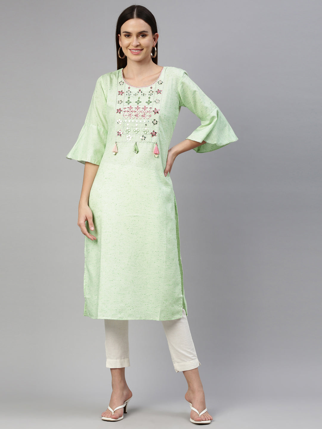 Neerus Green cotton woven kurti geometric yoke design - front view