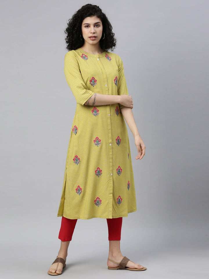 Neerus Green viscose rayon thread embroidered checked kurti - front view