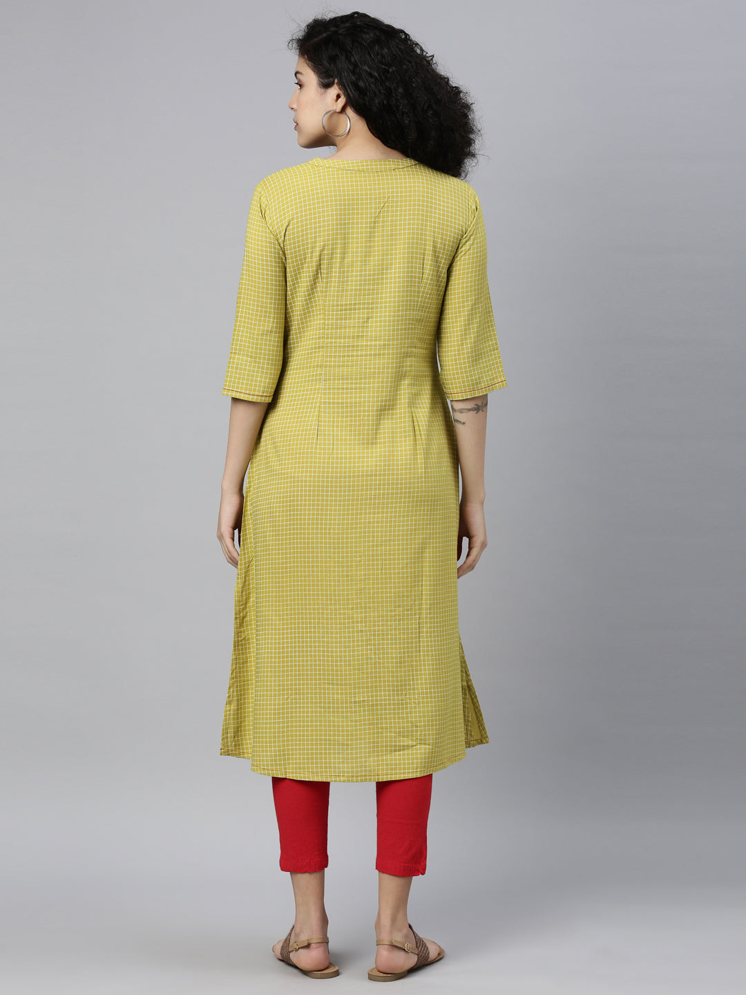 Neerus Green viscose rayon thread embroidered checked kurti - back view