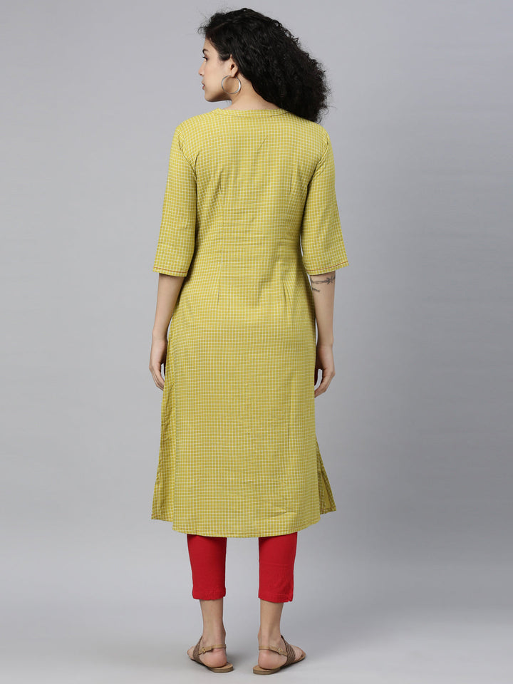 Neerus Green viscose rayon thread embroidered checked kurti - back view