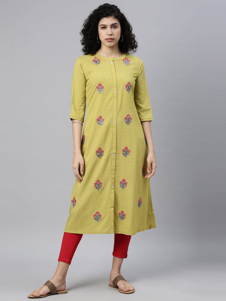 Neerus Green viscose rayon thread embroidered checked kurti - detail view 1