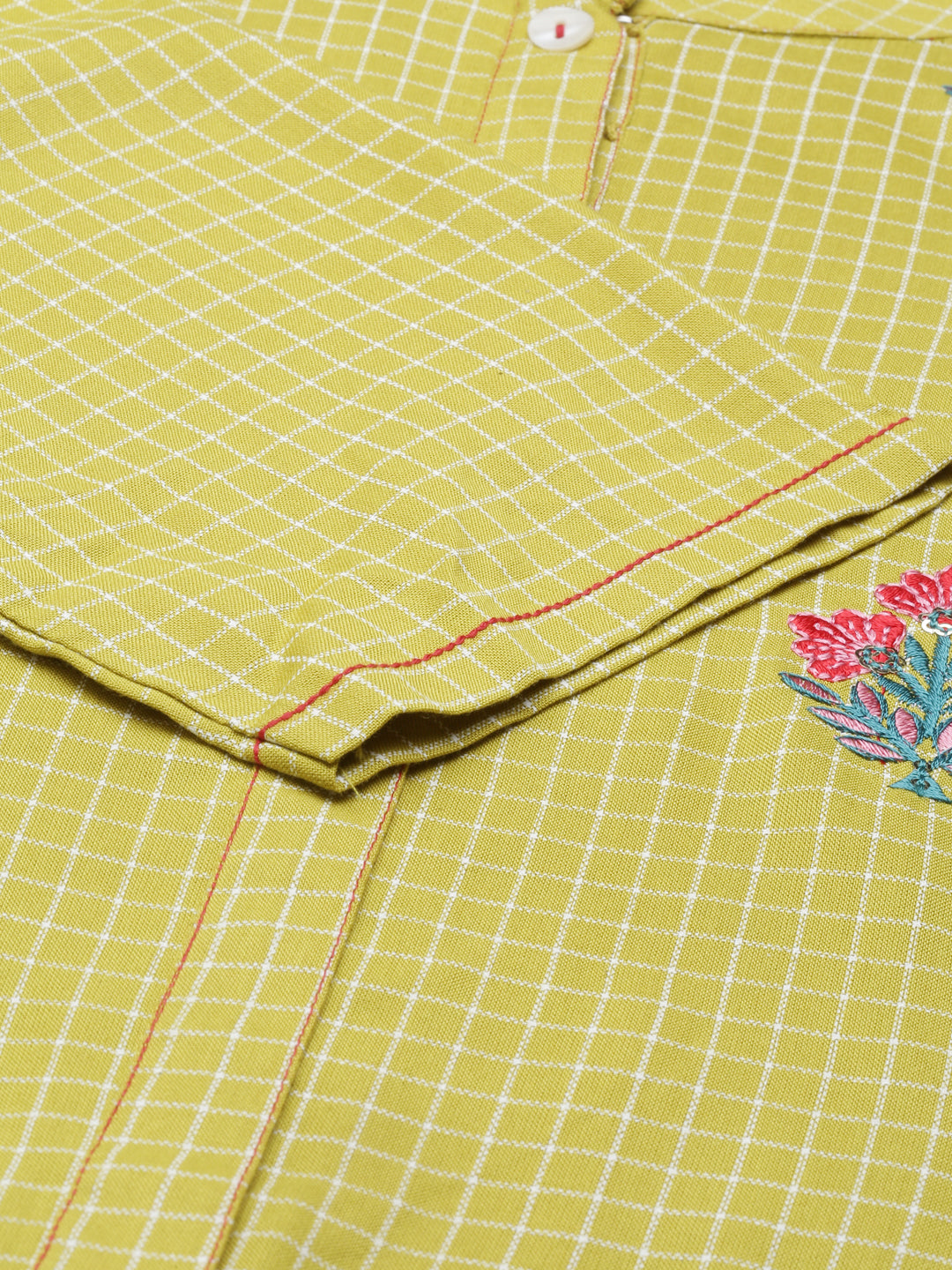 Neerus Green viscose rayon thread embroidered checked kurti - detail view 4