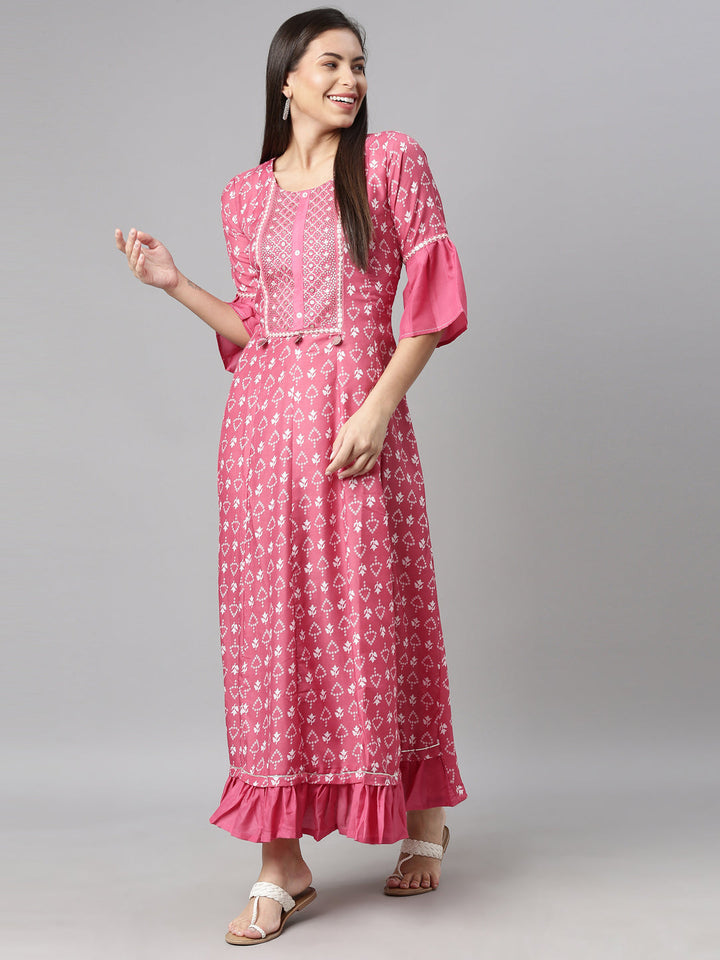 Neerus Pink muslin printed A-line kurti - front view