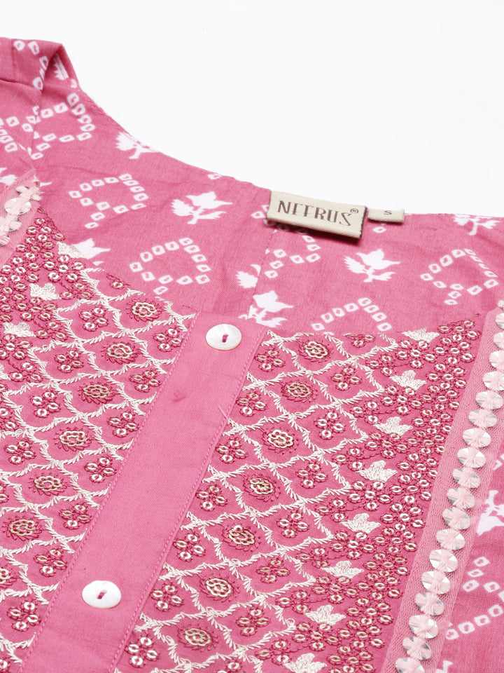 Neerus Pink muslin printed A-line kurti - detail view 5