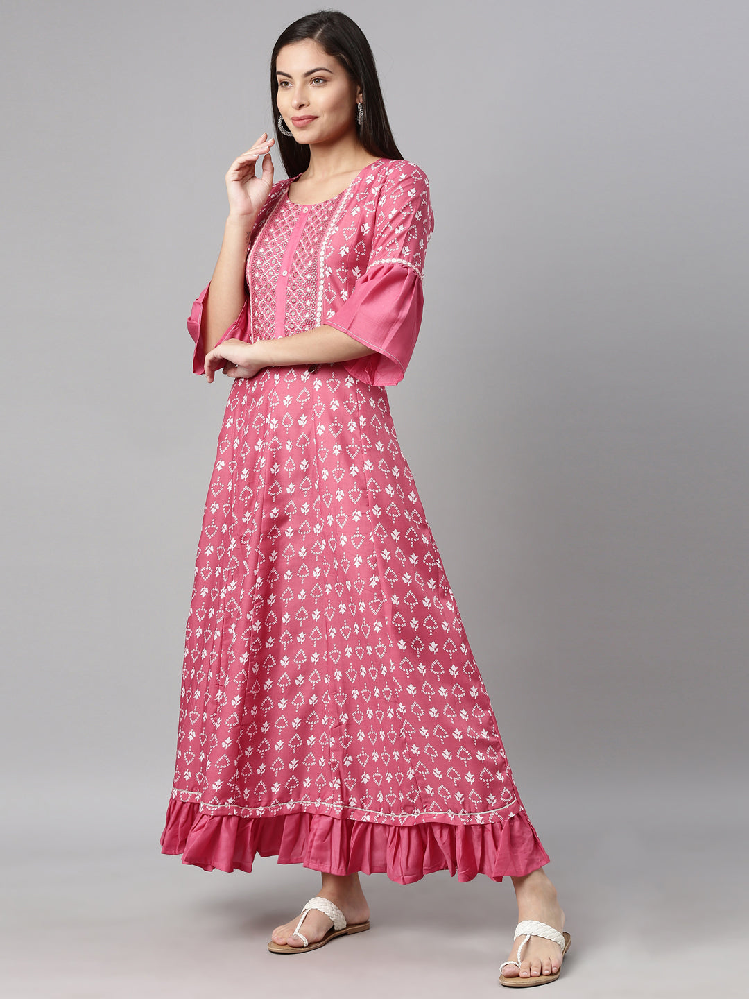 Neerus Pink muslin printed A-line kurti - back view