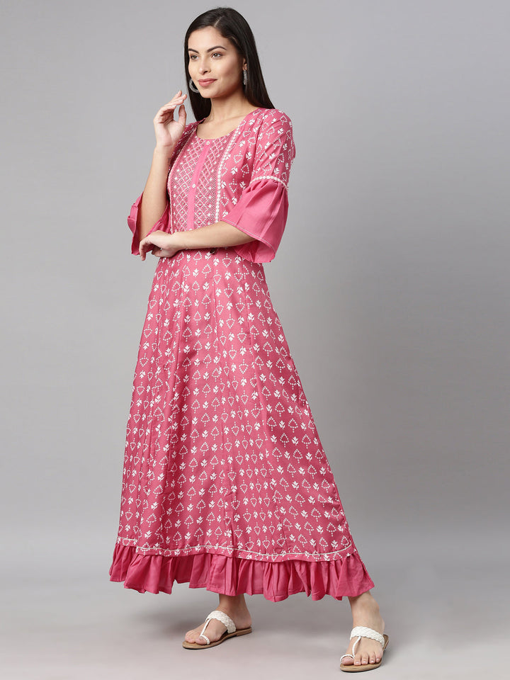 Neerus Pink muslin printed A-line kurti - back view