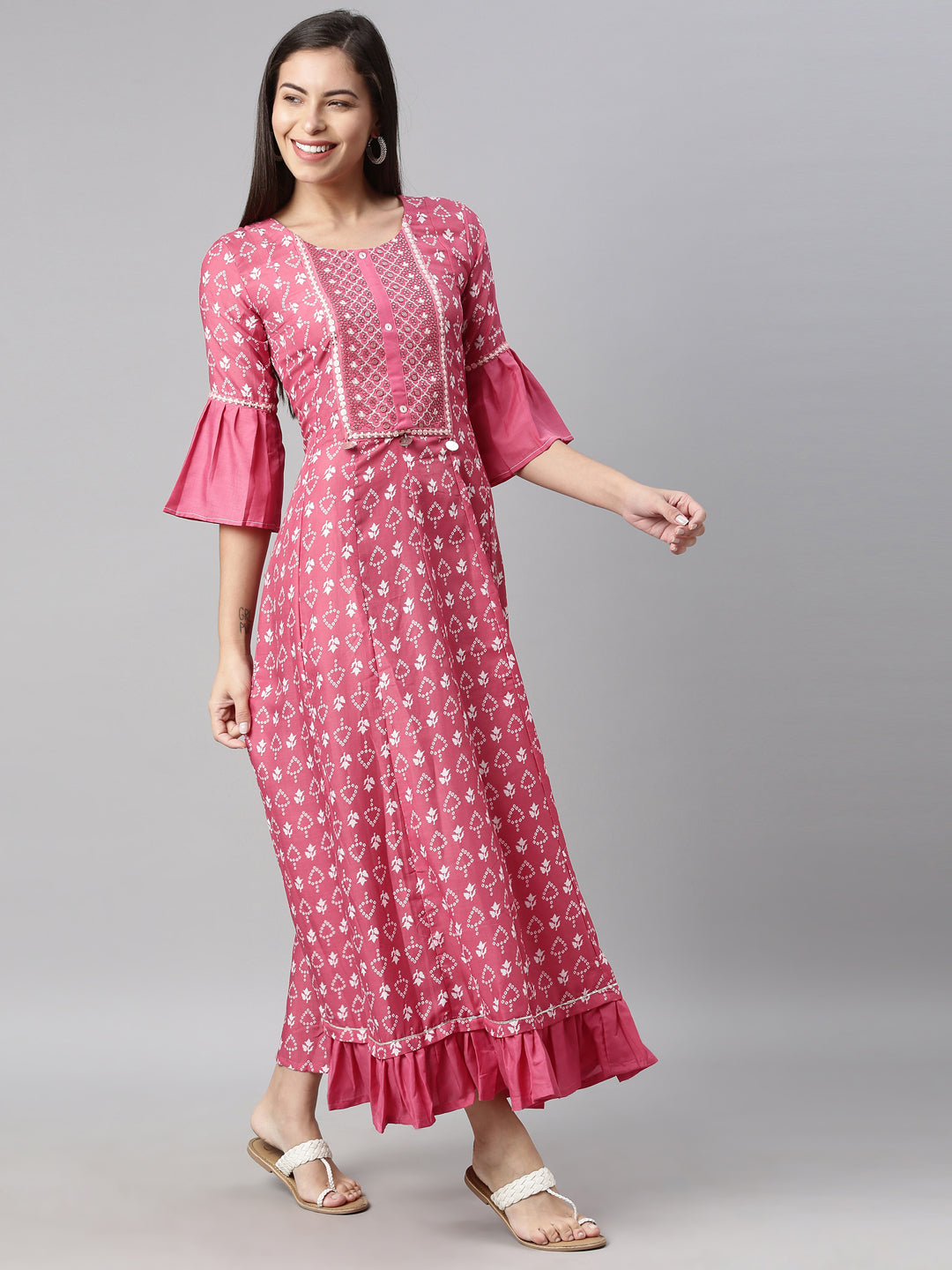 Neerus Pink muslin printed A-line kurti - side view