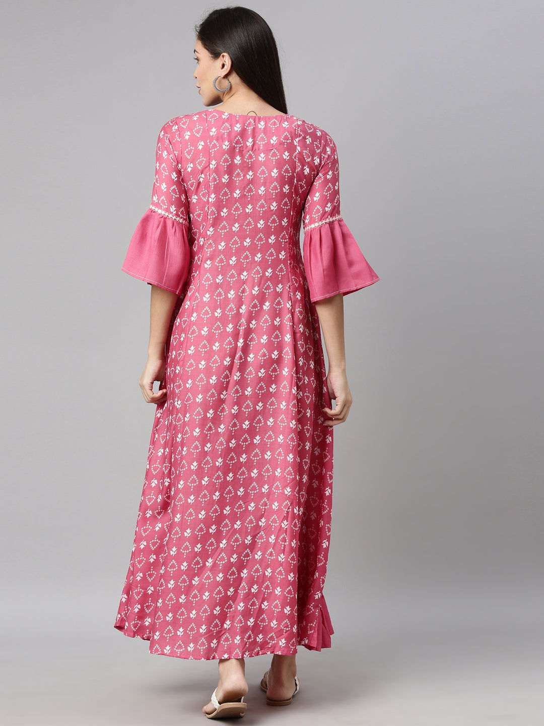 Neerus Pink muslin printed A-line kurti - detail view 1