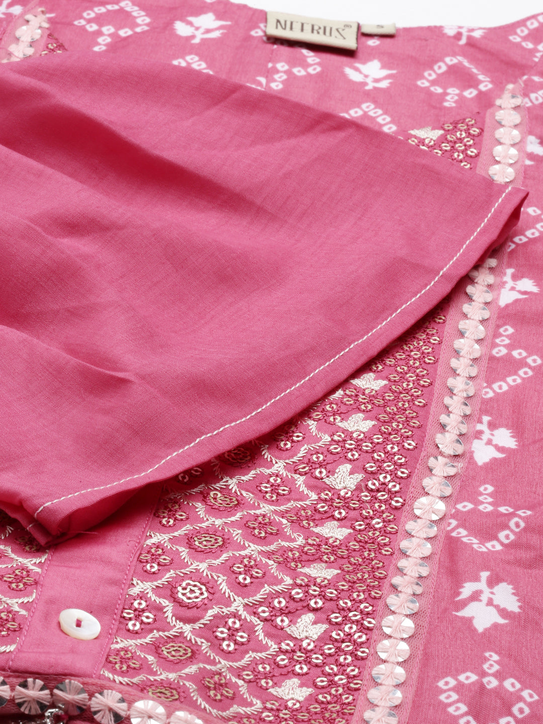 Neerus Pink muslin printed A-line kurti - detail view 3