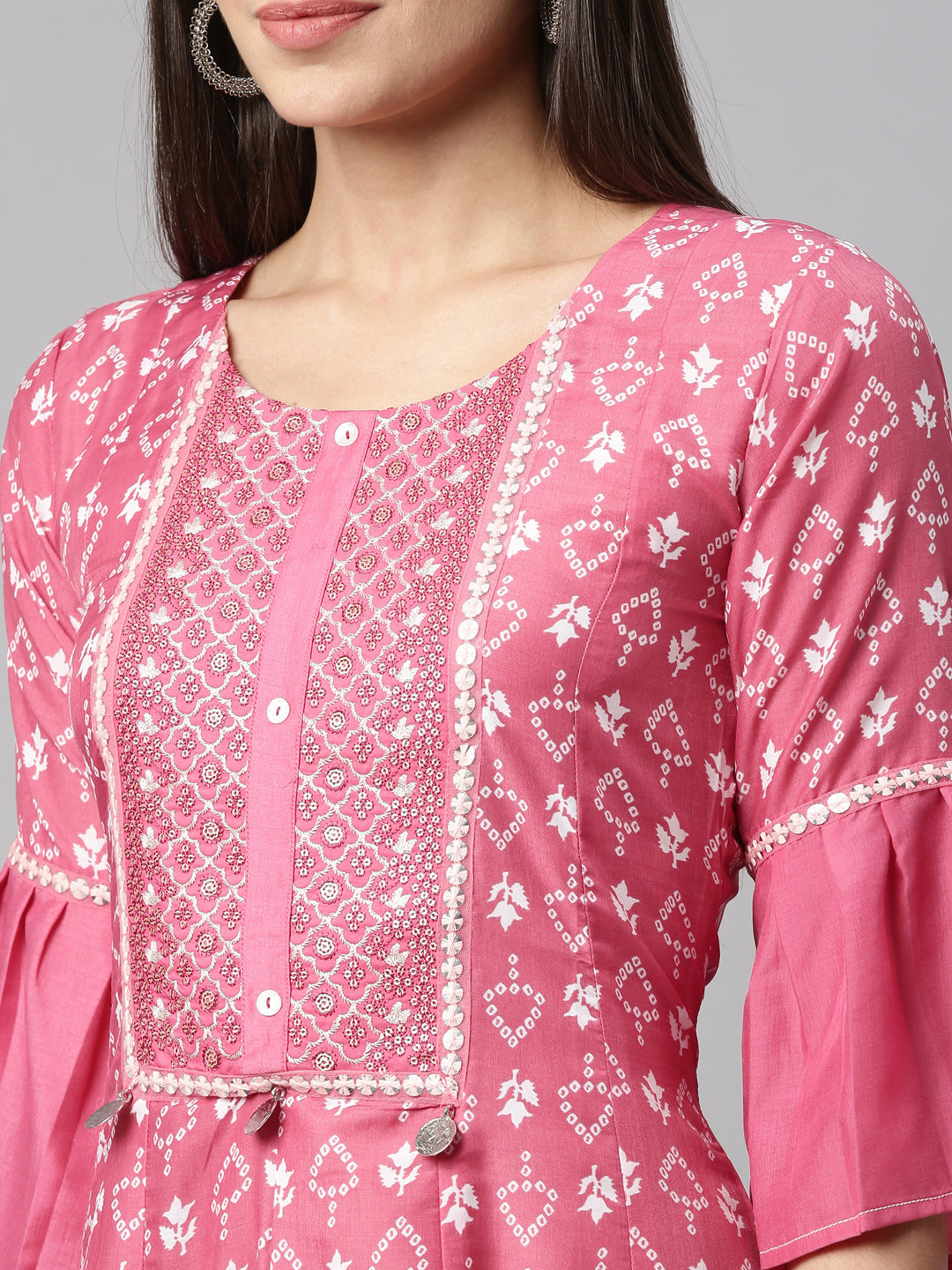Neerus Pink muslin printed A-line kurti - detail view 4