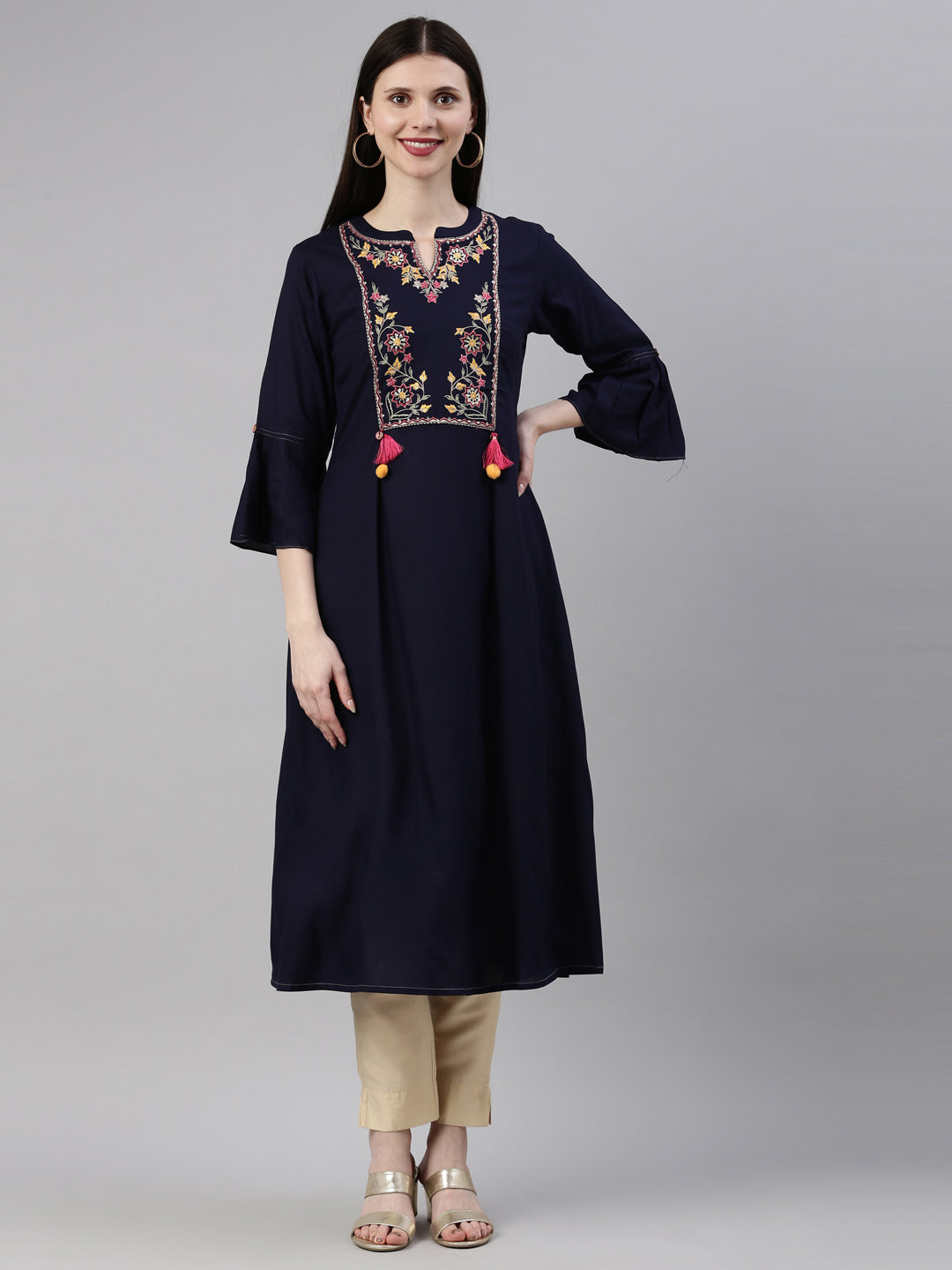 Neerus Blue Viscose Rayon Embroidered Kurta - detail view 6