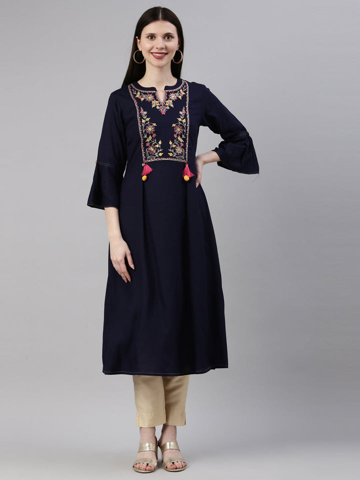 Neerus Blue Viscose Rayon Embroidered Kurta - detail view 6