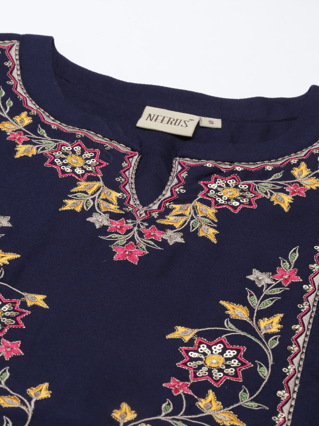 Neerus Blue Viscose Rayon Embroidered Kurta - back view