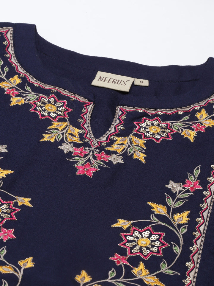 Neerus Blue Viscose Rayon Embroidered Kurta - back view