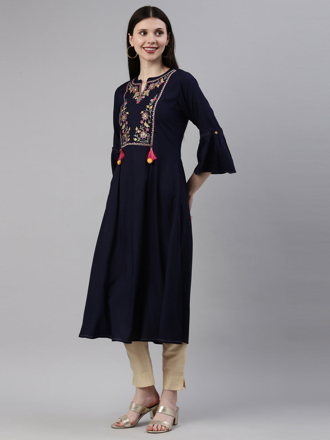 Neerus Blue Viscose Rayon Embroidered Kurta - side view