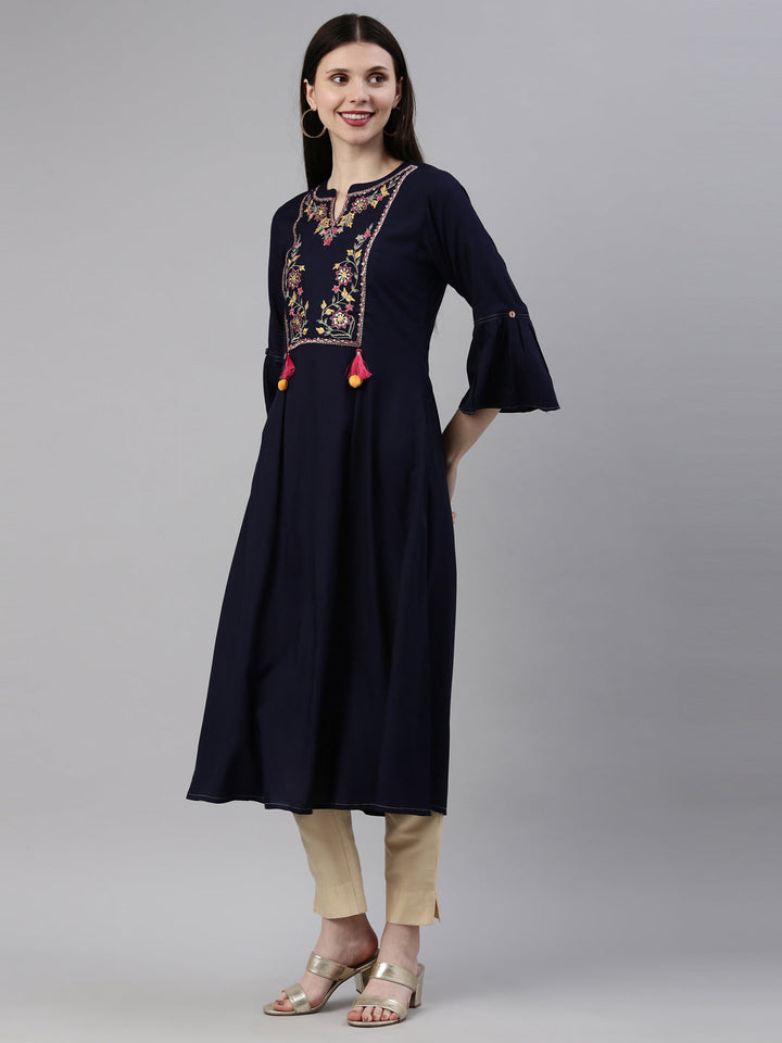 Neerus Blue Viscose Rayon Embroidered Kurta - side view