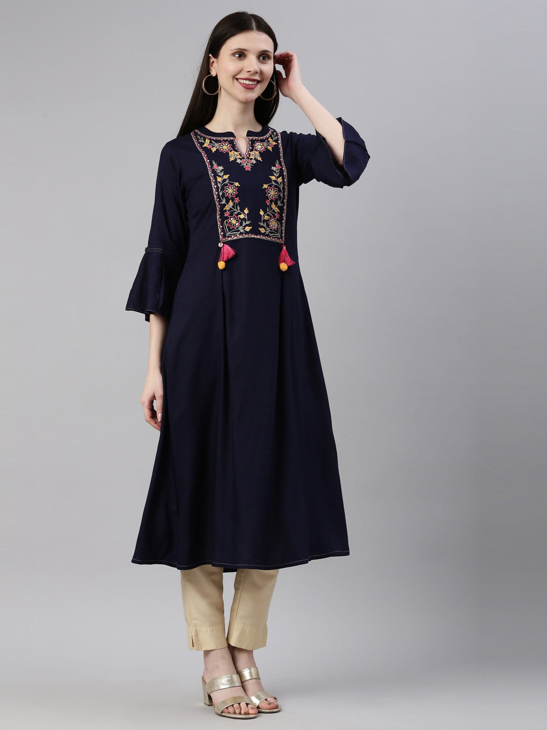 Neerus Blue Viscose Rayon Embroidered Kurta - detail view 1