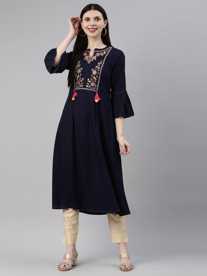 Neerus Blue Viscose Rayon Embroidered Kurta - detail view 3