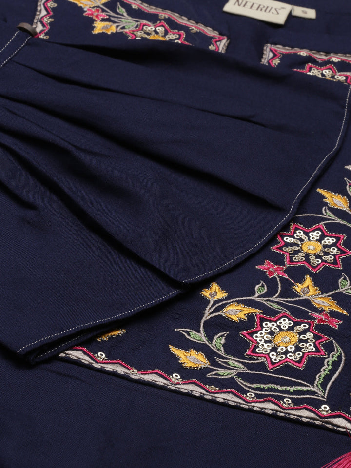 Neerus Blue Viscose Rayon Embroidered Kurta - detail view 4