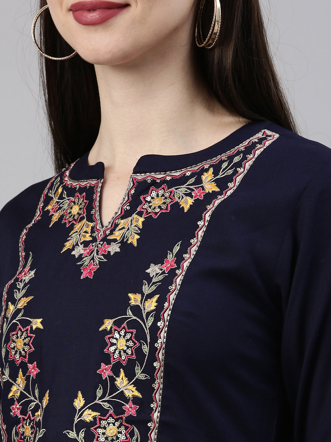 Neerus Blue Viscose Rayon Embroidered Kurta - detail view 5