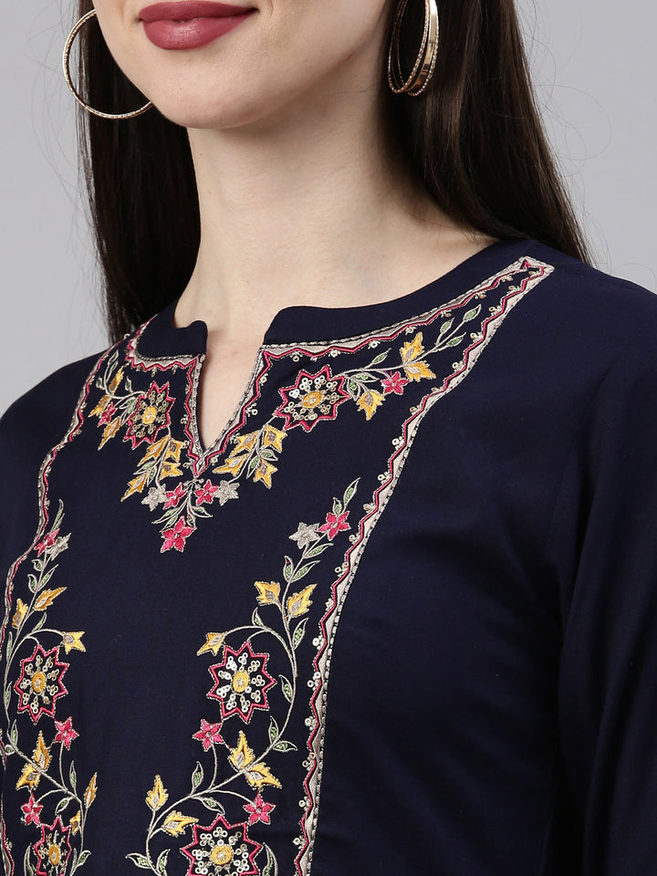 Neerus Blue Viscose Rayon Embroidered Kurta - detail view 5