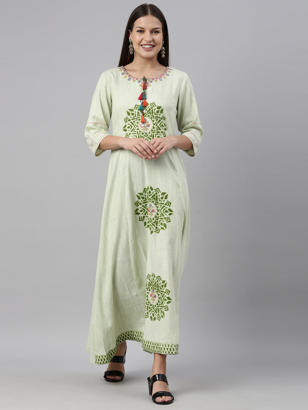 Neerus Green muslin printed A-line kurti - detail view 6