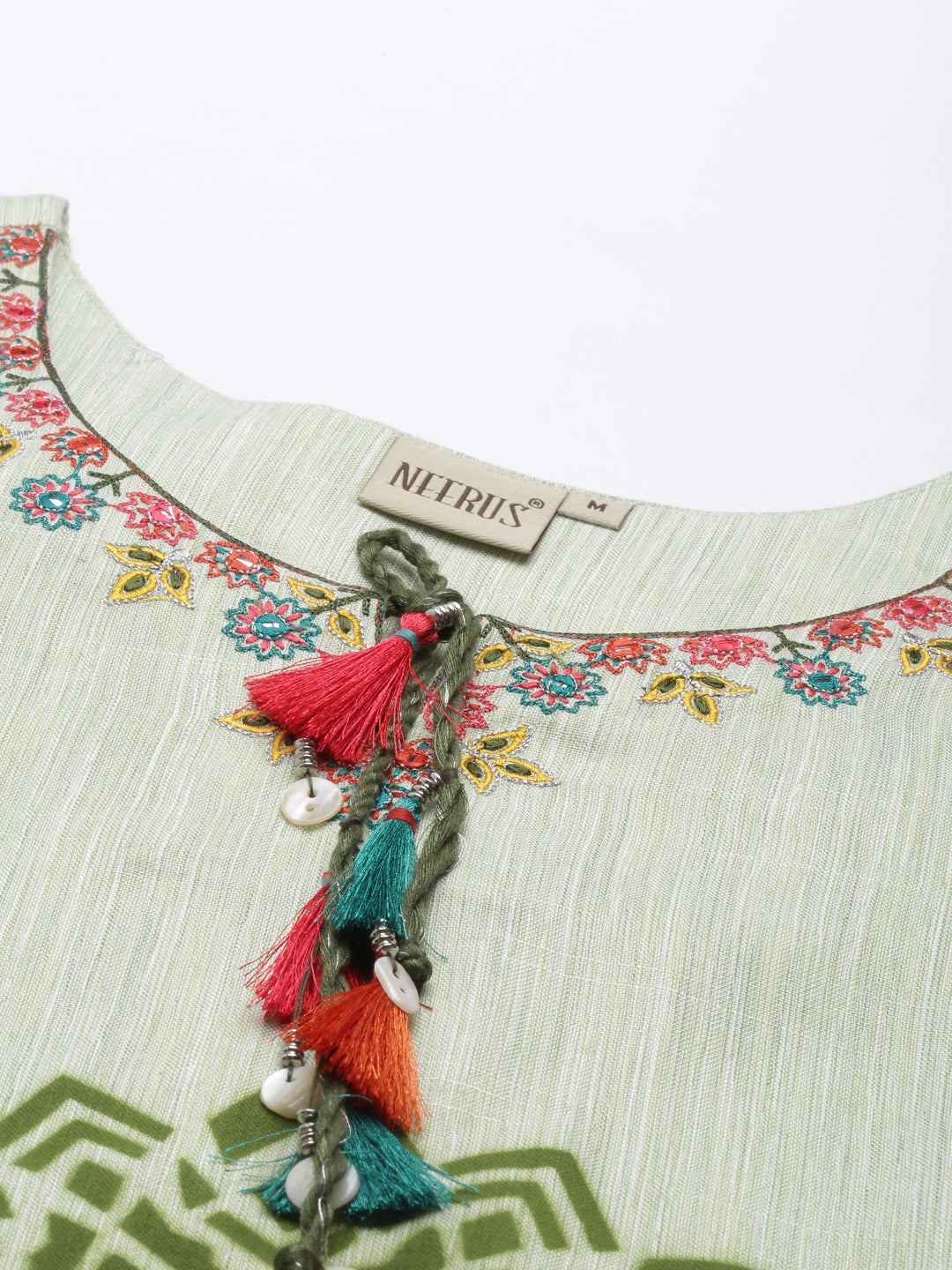 Neerus Green muslin printed A-line kurti - back view